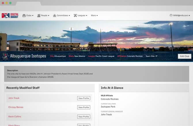 Minor league baseball digital dugout dashboard in browser