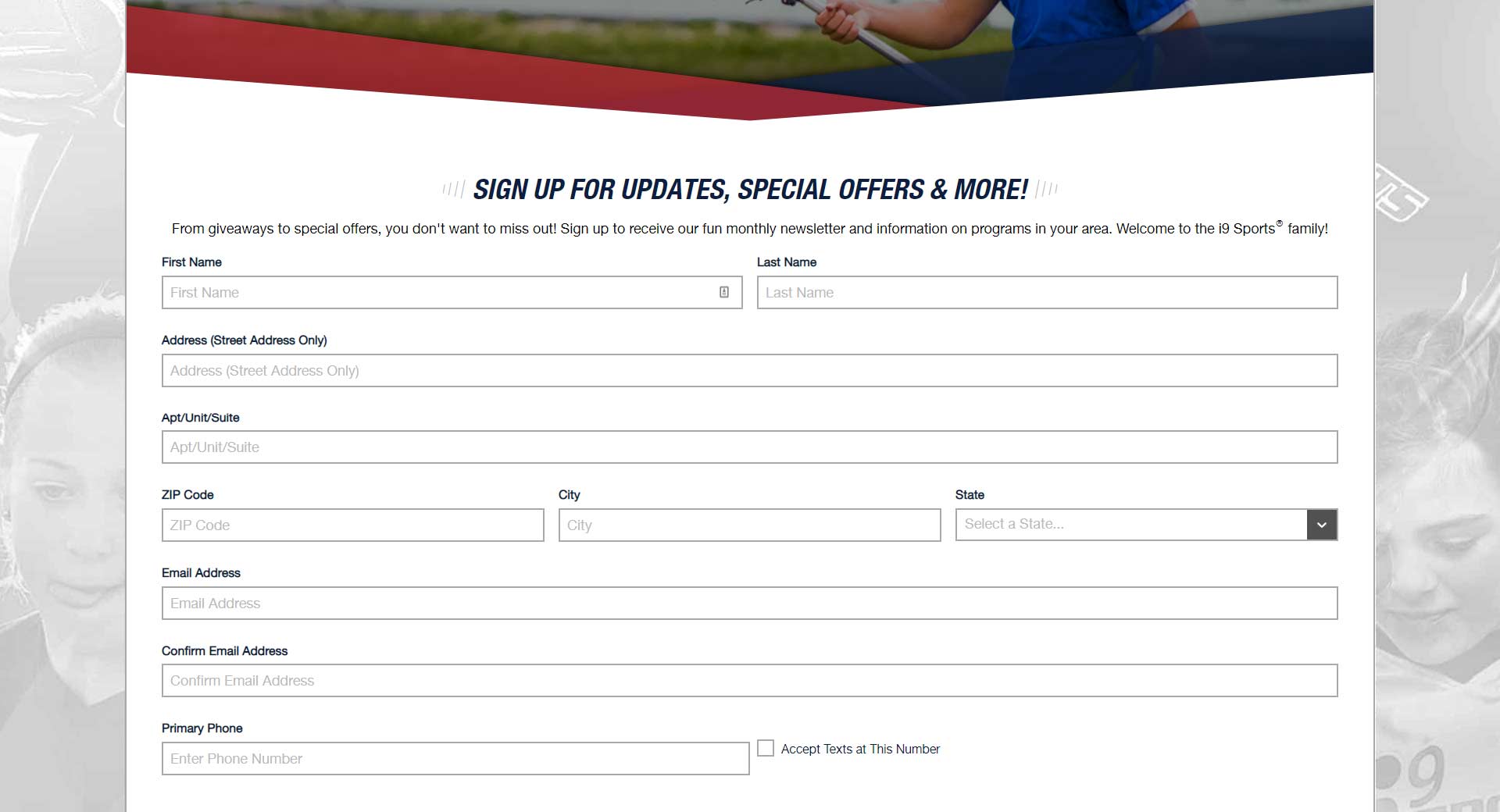 Desktop snap for the of the i9 Sports registration screen
