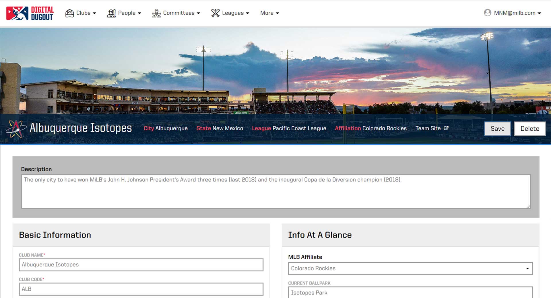 Minor League Baseball club detail screen