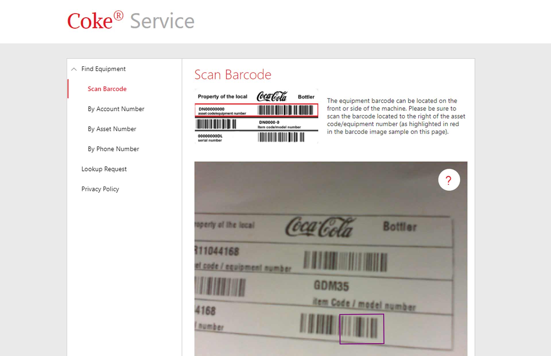 Coke Service app barcode scan snap