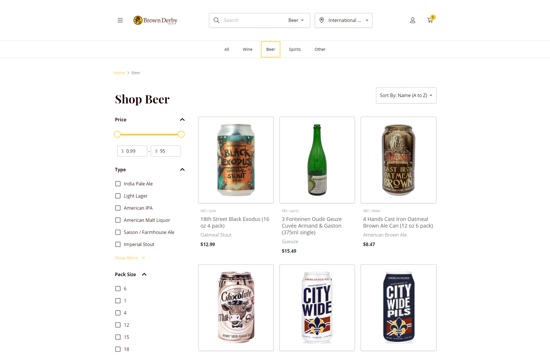 Seven Fifty shop beer page snap