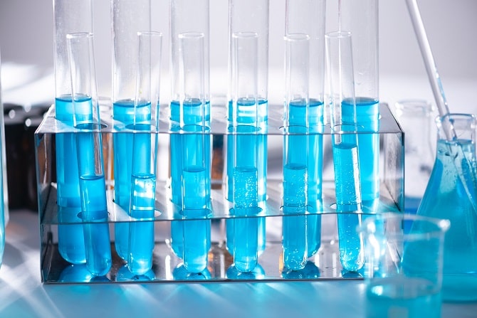 test tubes with blue liquid in them