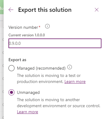Export this solution unmanaged